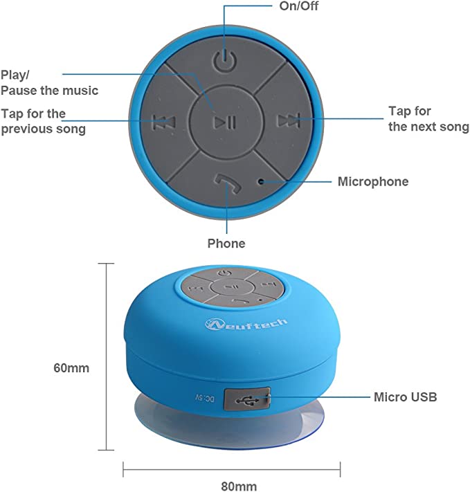 Neuftech Bluetooth 5.0 Cassa Altoparlante Impermeabile da Doccia - Wireless Speaker Waterproof Con Microfono Integrato Per Smartphone iphone,Samsung, HTC, Mp3 Player ecc - Azzurro